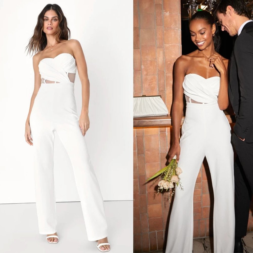 Lulus Surely Stunning Strapless Bustier Jumpsuit w/Cutouts & Sheer Mesh